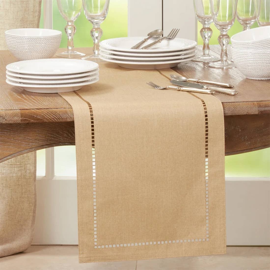 9738 - Natural Laser-Cut Hemstitch Table Runner
