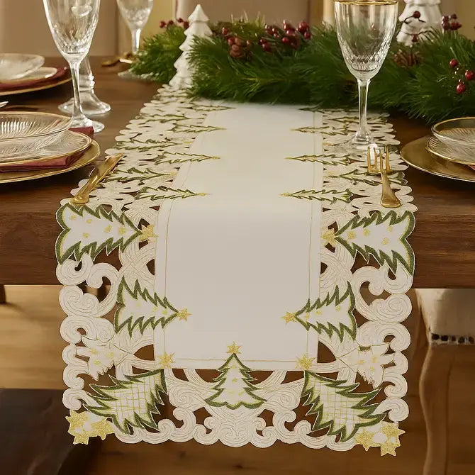 Ivory Embroidered Christmas Tree Table Runner - 16"x68"