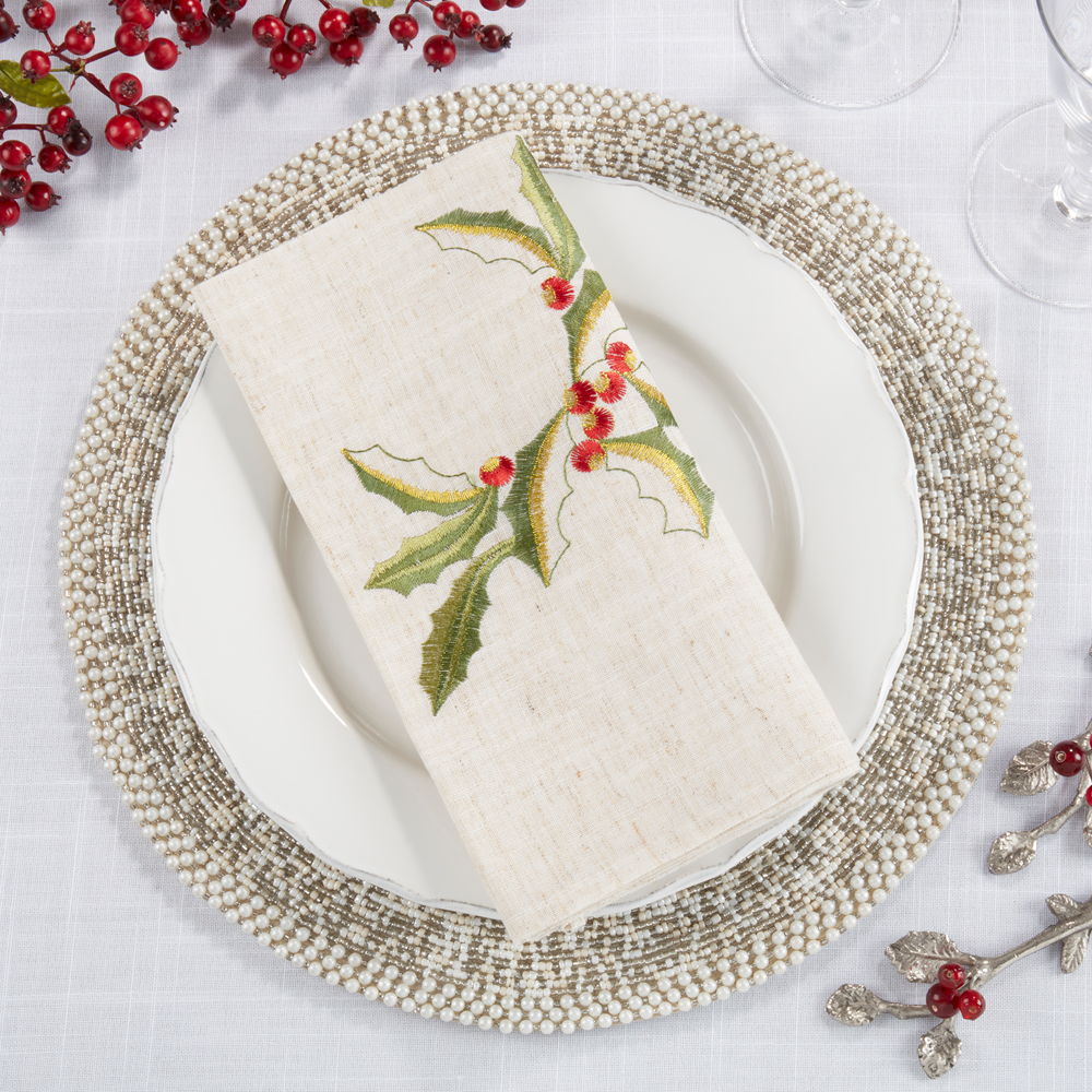 Embroidered Holly Design Linen 20" Cloth Napkin