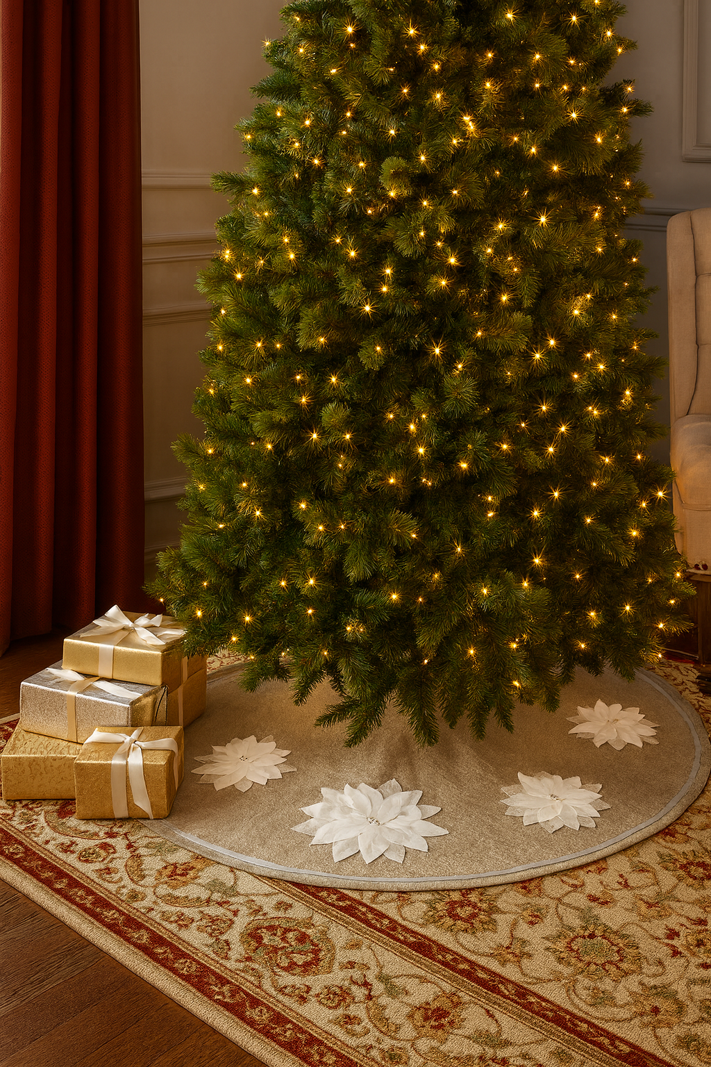 Silver-White 3D Poinsettia Natural 53" Christmas Tree Skirt