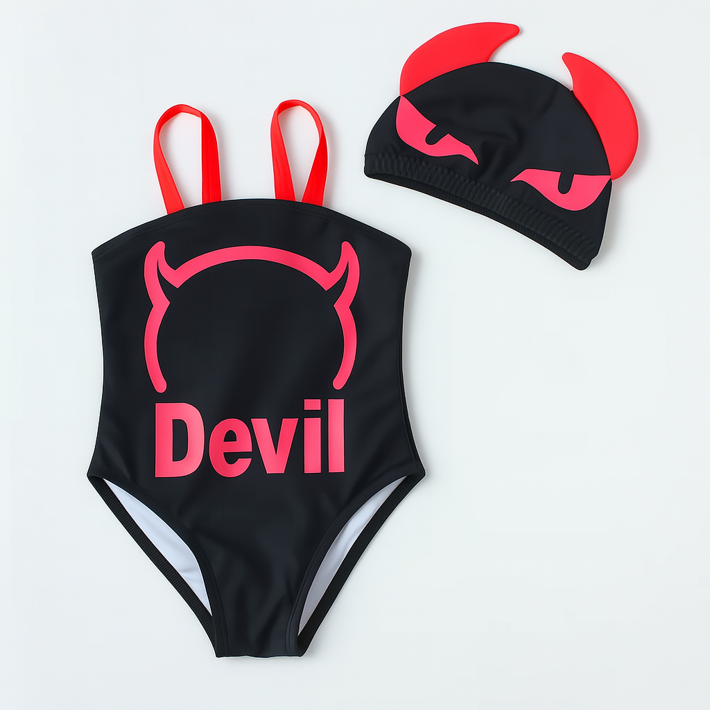 Black-Red Devil 1pcs Girl Swimsuit & Swim Hat
