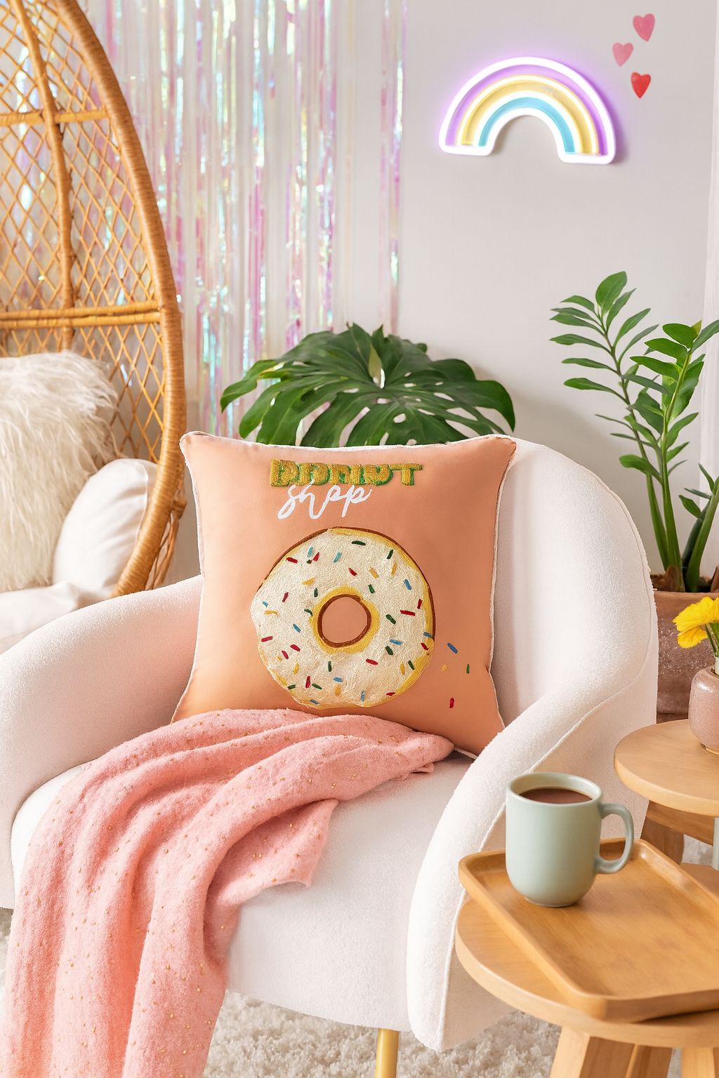 Pink Embroidered Donut Fun 18" Throw Pillow