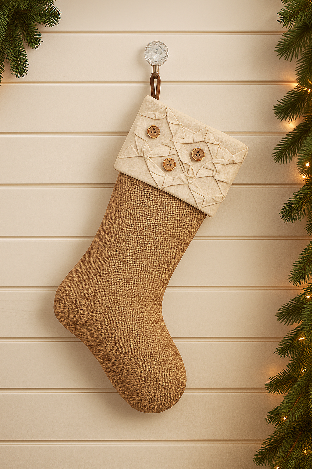 Wood Button & Jute Design Christmas Stocking