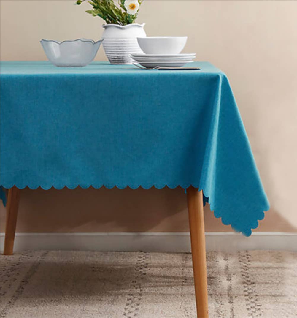 Teal Scalloped Border Wrinkle-Free Tablecloth