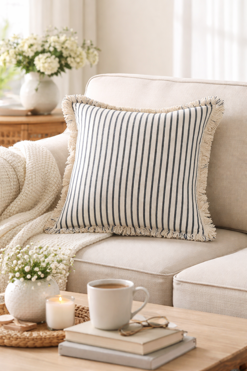 Navy Blue Coastal Striped Cotton Blend 18" Throw Pillow