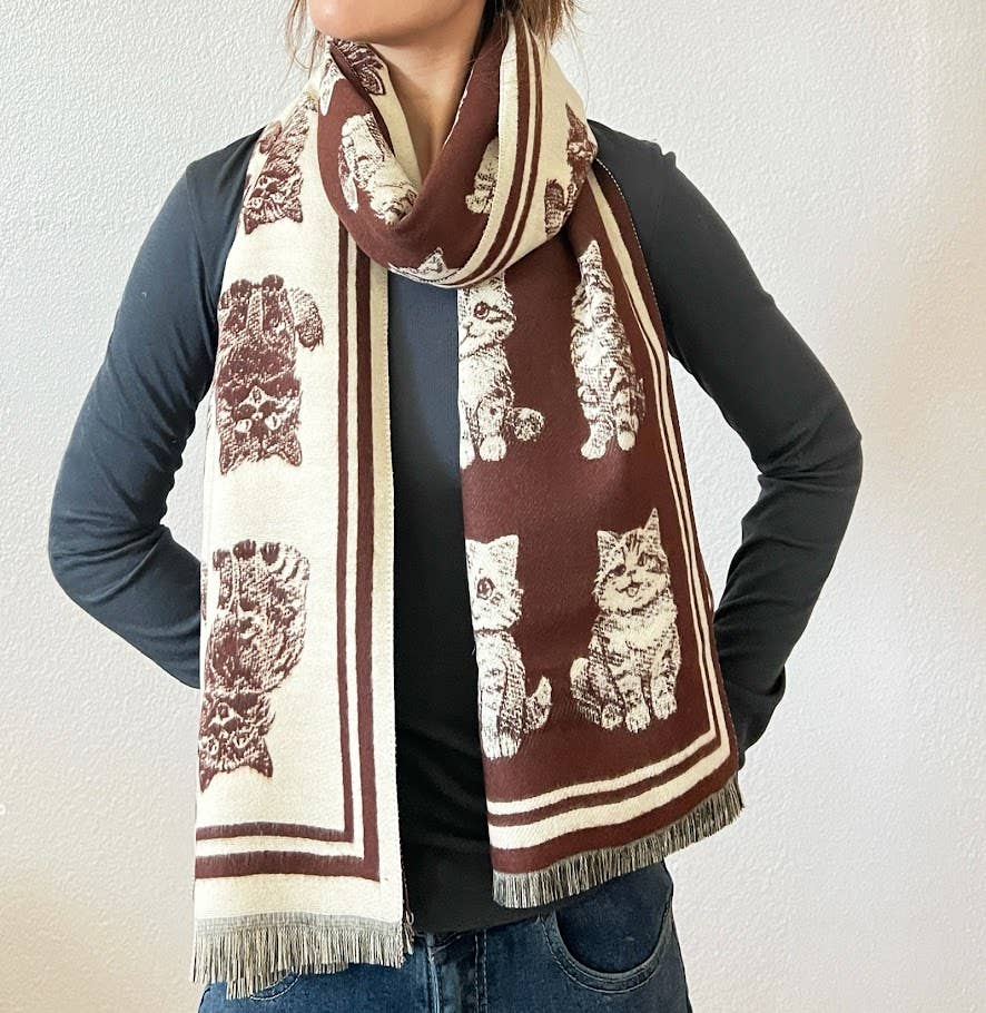 Red Kitten Print Reversible Cashmere Wrap Scarf