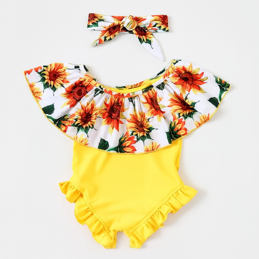 Sunflower Ruffle One-Piece Toddler Girl Swimsuit & Headband
