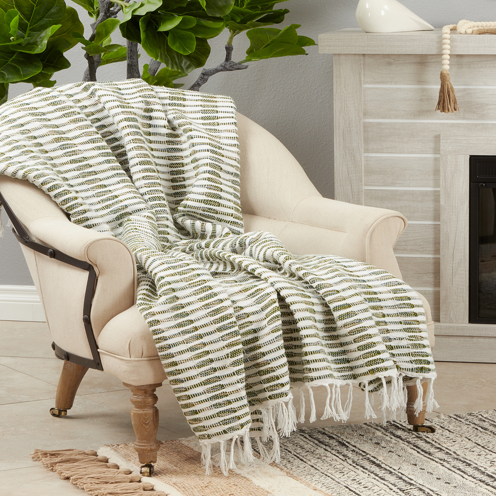 Green Woven Line Cotton-Acrylic Throw Blanket