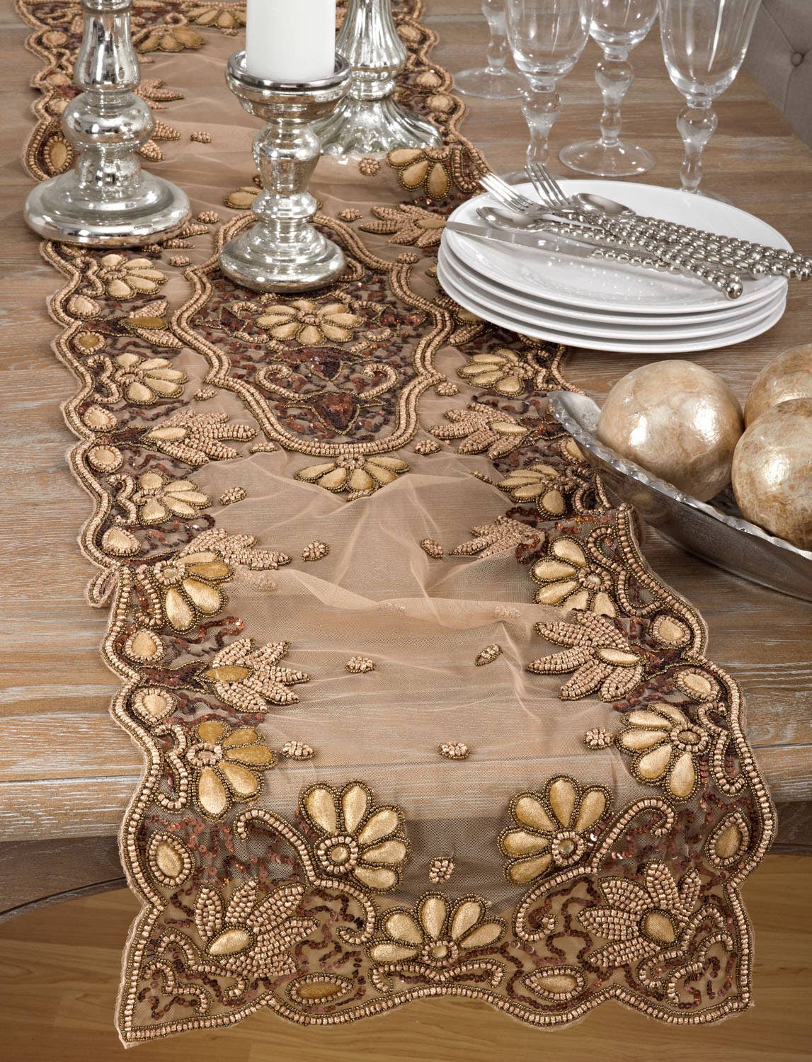 5283 - Gold Beaded Table Runner – 16" x 72" Decorative Accent