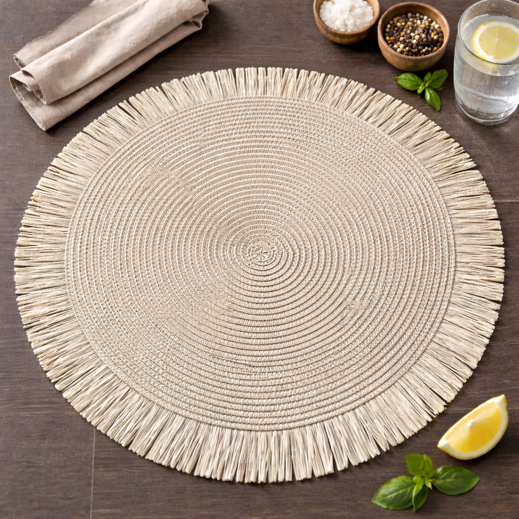 Ivory Handwoven Fringe Boho 15" Round Placemat