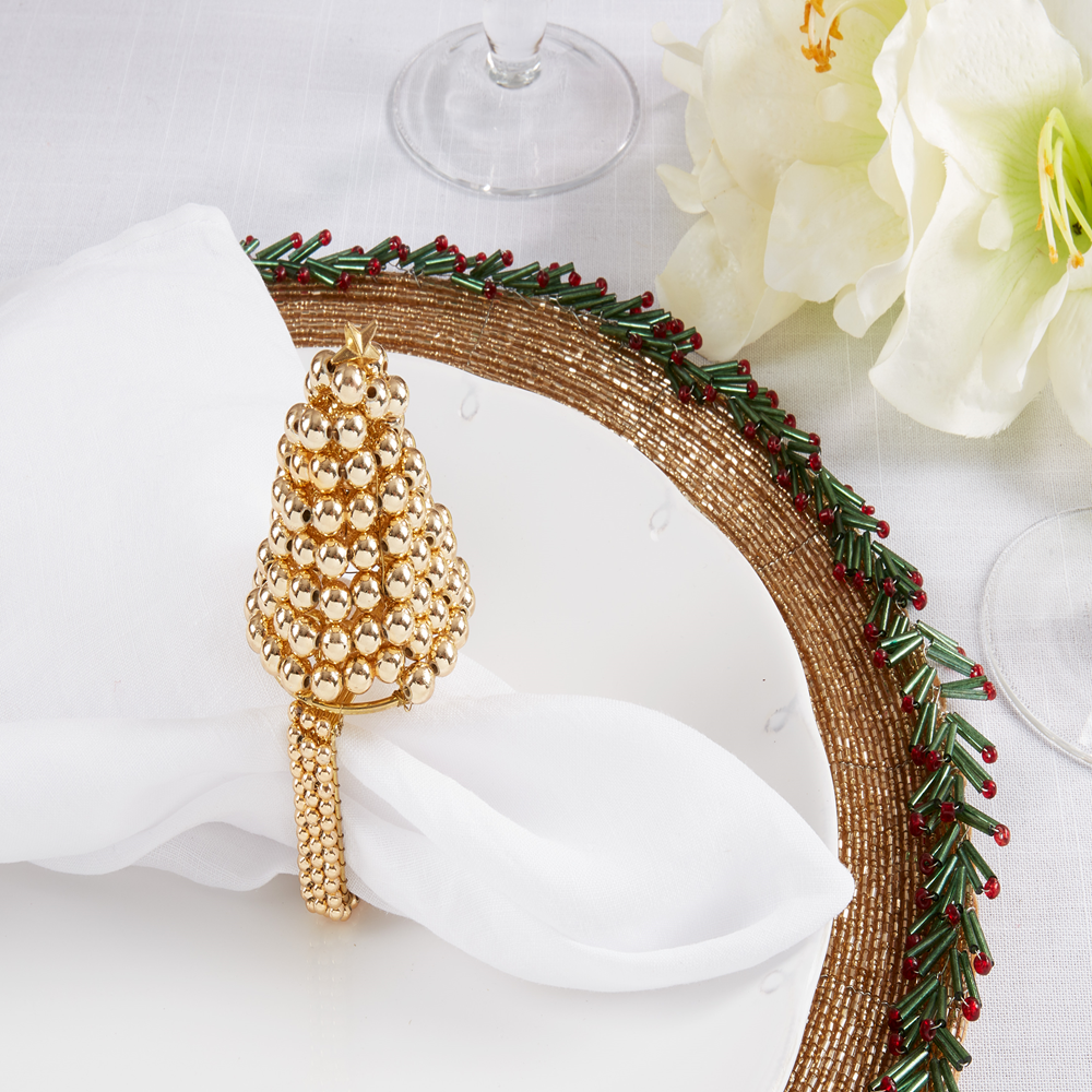 Gold Pearl Christmas Tree Napkin Ring Holder