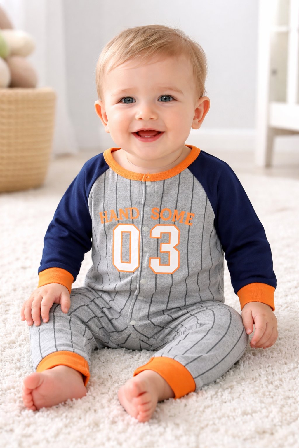Navy Stripe Baseball Baby Romper
