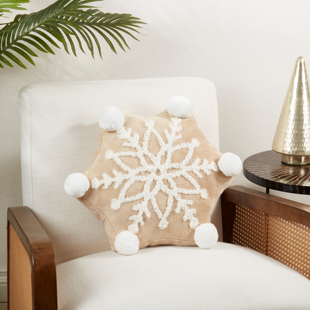 2383 - Natural White Snowflakes Pom Pom Holiday Throw Pillow