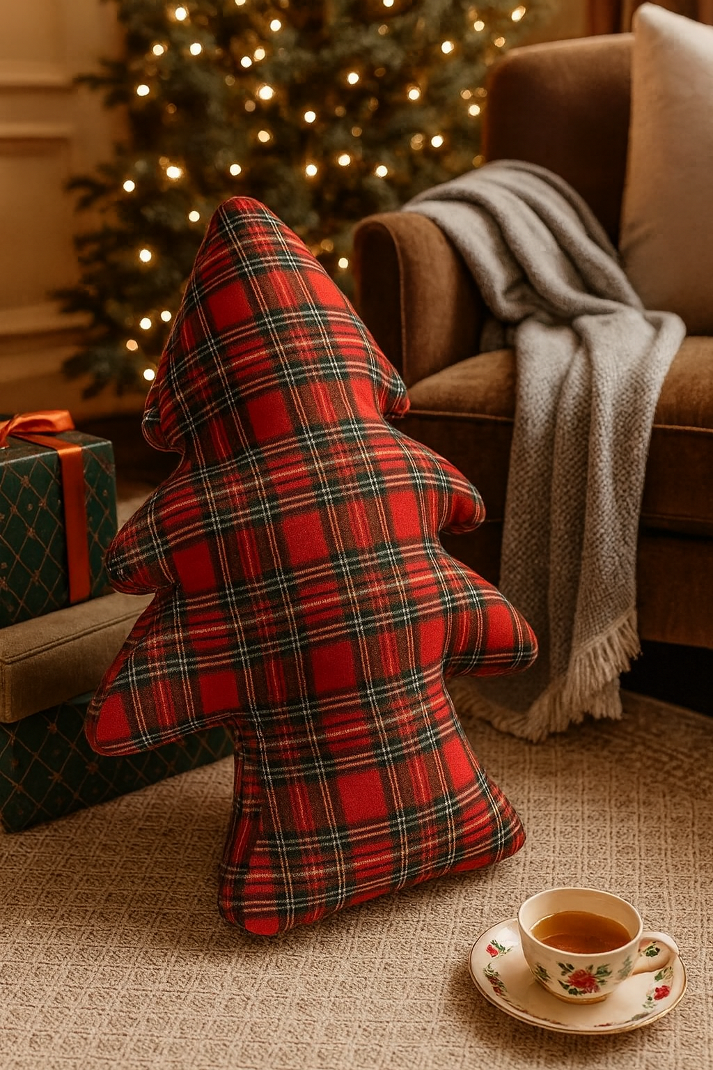PLW0177 - Red Tartan Plaid Christmas Tree Shaped Filled Pillow