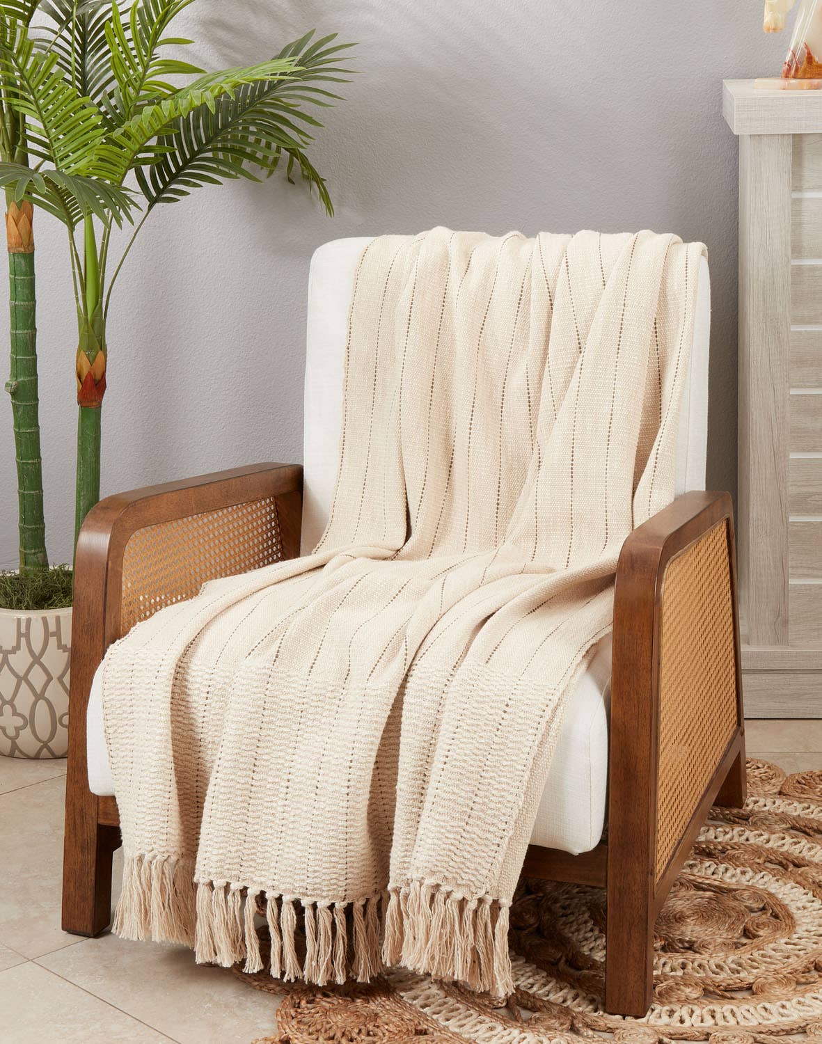 Stripe Cotton 50x60 Inch Natural Throw Blanket
