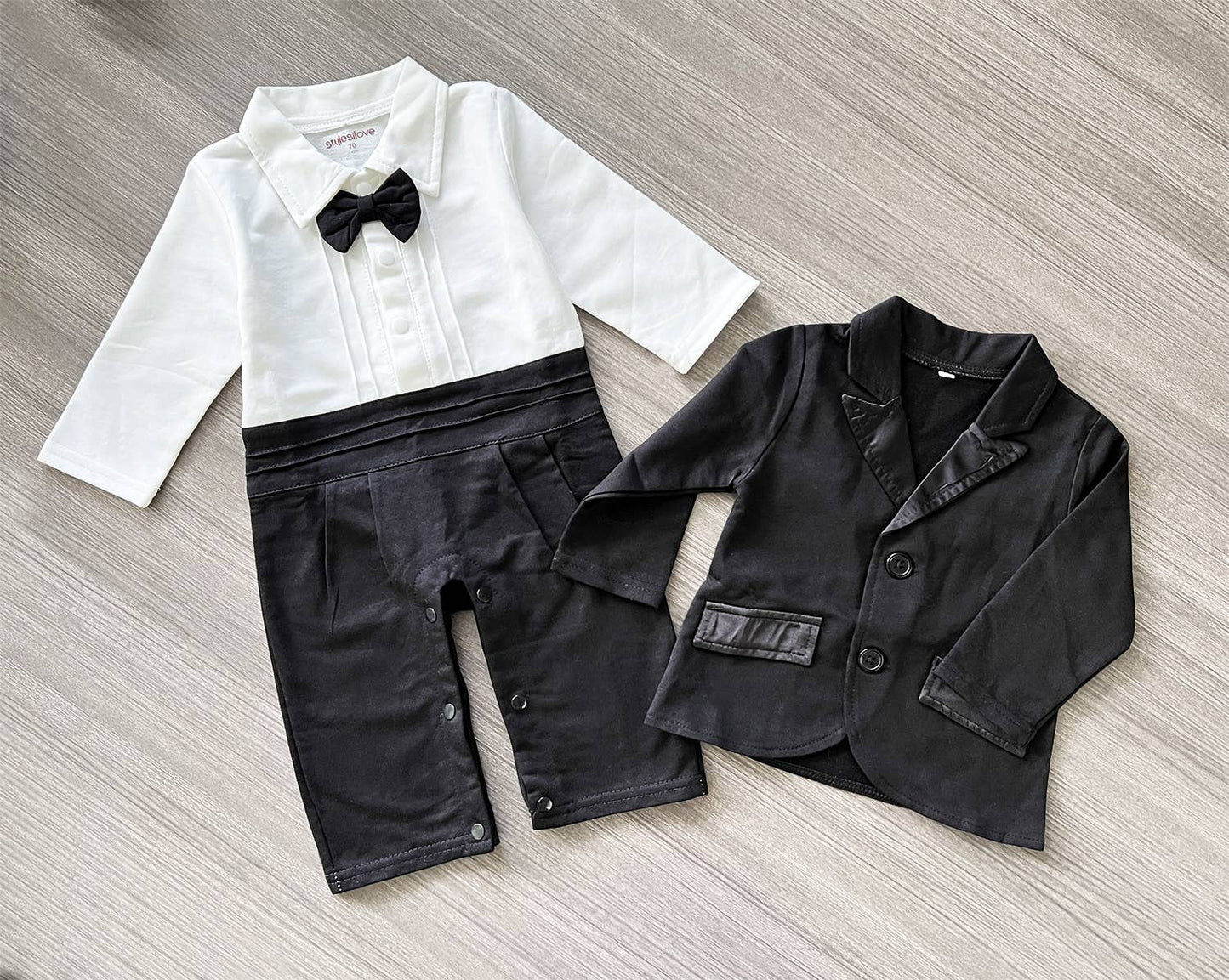 Black & White Baby Boy Tuxedo Cotton Romper & Jacket Suit