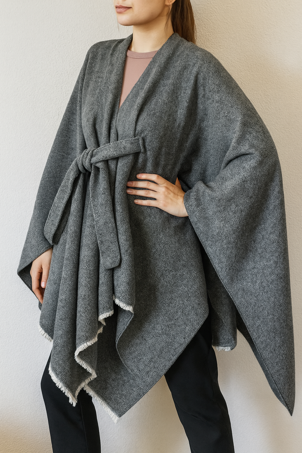 Slate Fringe Poncho Warm Open Front Shawl Cape