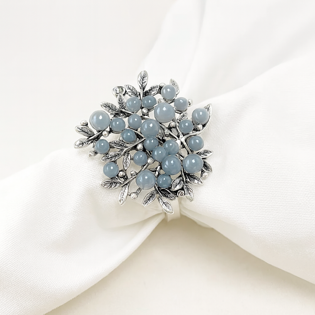 Grey-Blue Beaded Metal Napkin Ring Holder