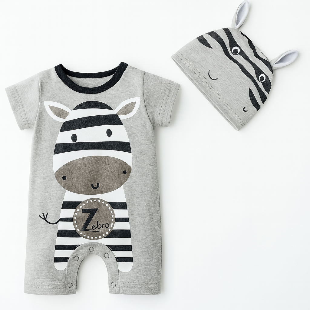 Gray Zebra Baby Romper with Matching Hat