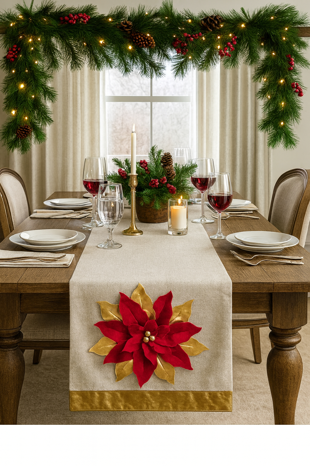 Gold-Red 3D Poinsettia Natural Table Runner
