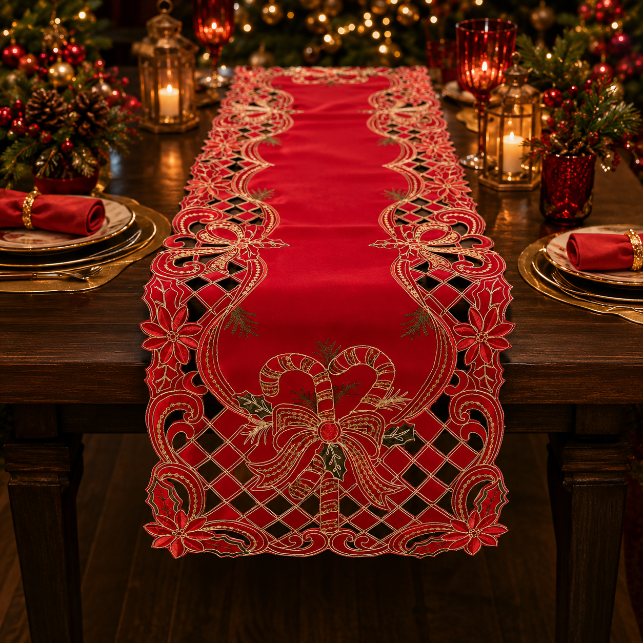 Holly Bow Christmas Red Table Runner