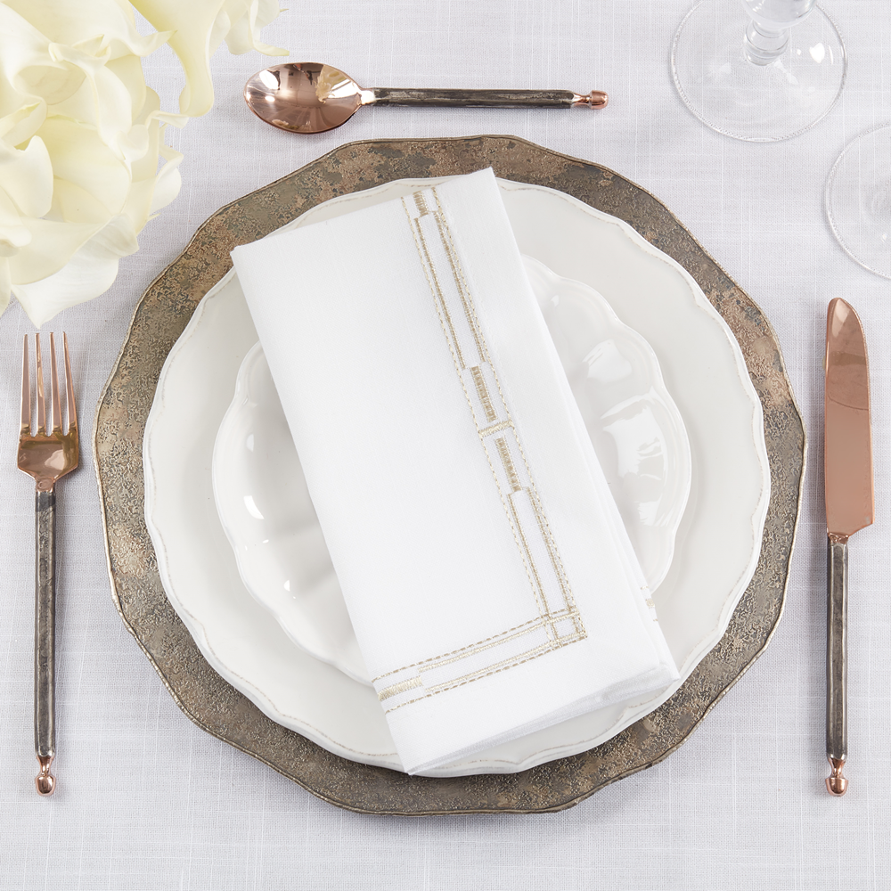 3496 - Gold Embroidered Border White 20" Cloth Napkin