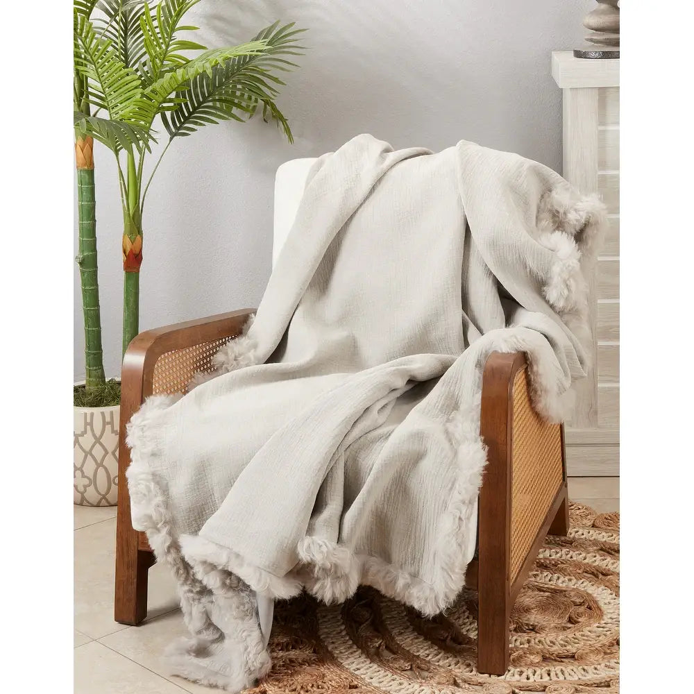 Grey Lamb Fur Trim Linen 55x70 Throw Blanket