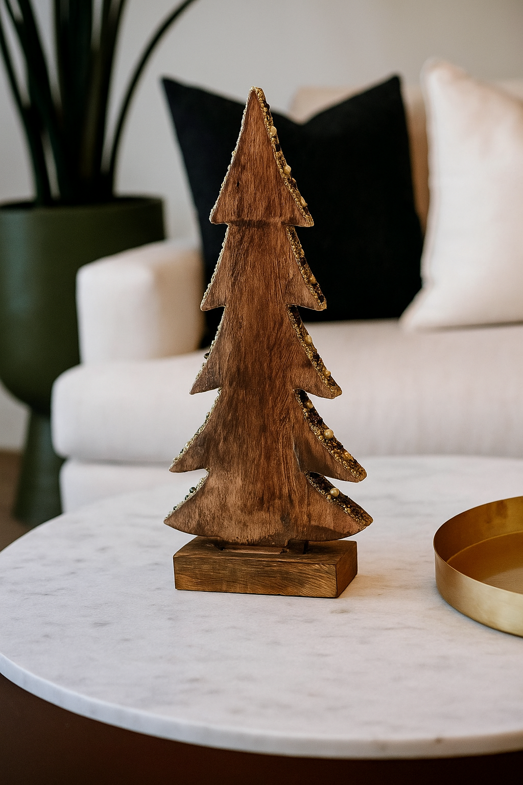 15"H Beaded Wooden Christmas Tree Figurine