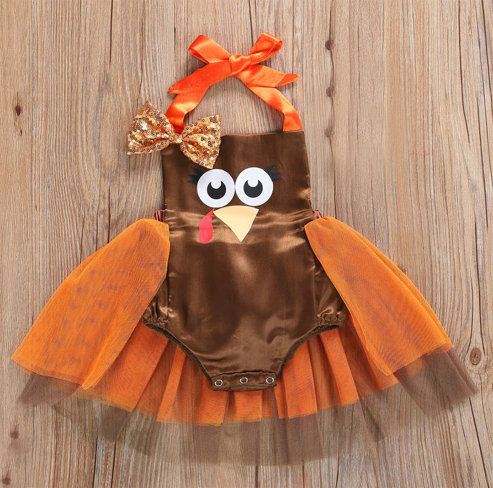 Brown Orange Turkey Satin Baby Costume Romper Tulle Skirt