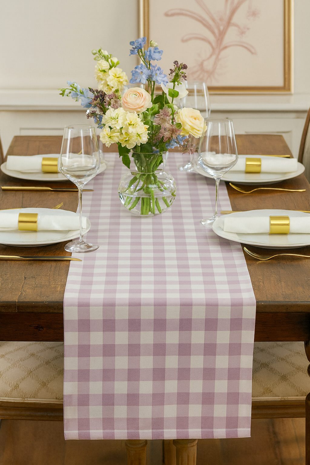 Classic Gingham Pastel Purple & White Table Runner