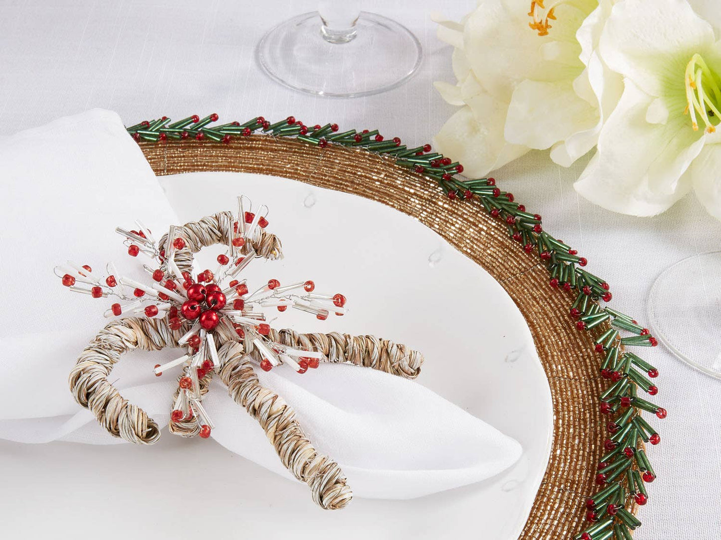 Beaded Candy Cane Seagrass Napkin Ring