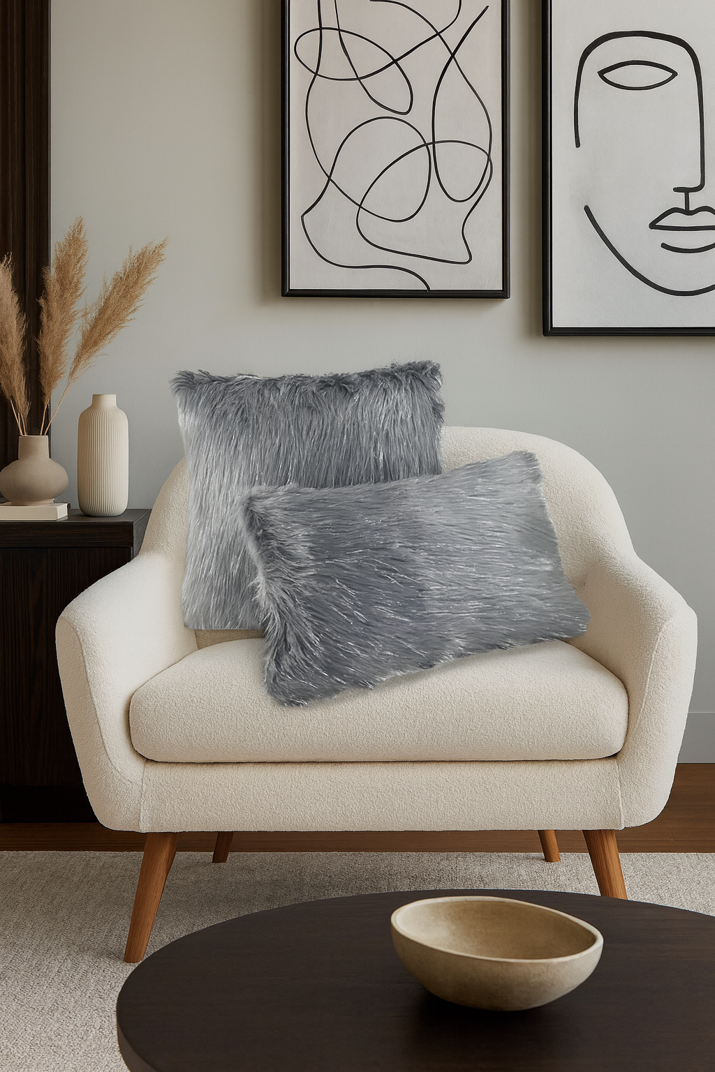 Grey Faux Fur Silver Lurex Thread Decorative Throw Pillow