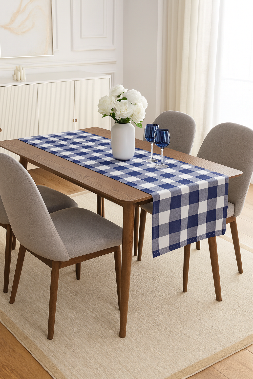 Navy-White Checkered Thin Soft Table Runner