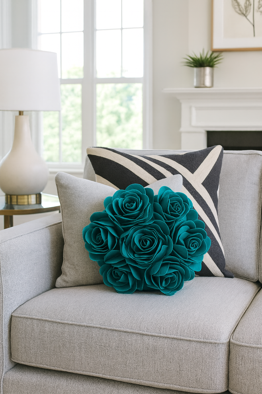 Teal 3D Petals Flower 15" Decorative Throw Pillow