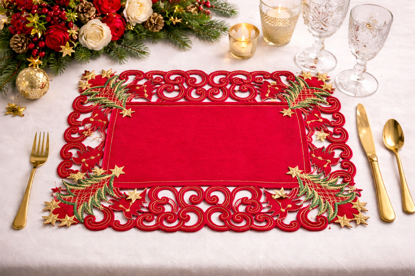 Red Embroidered Christmas Tree 14"x20" Placemat
