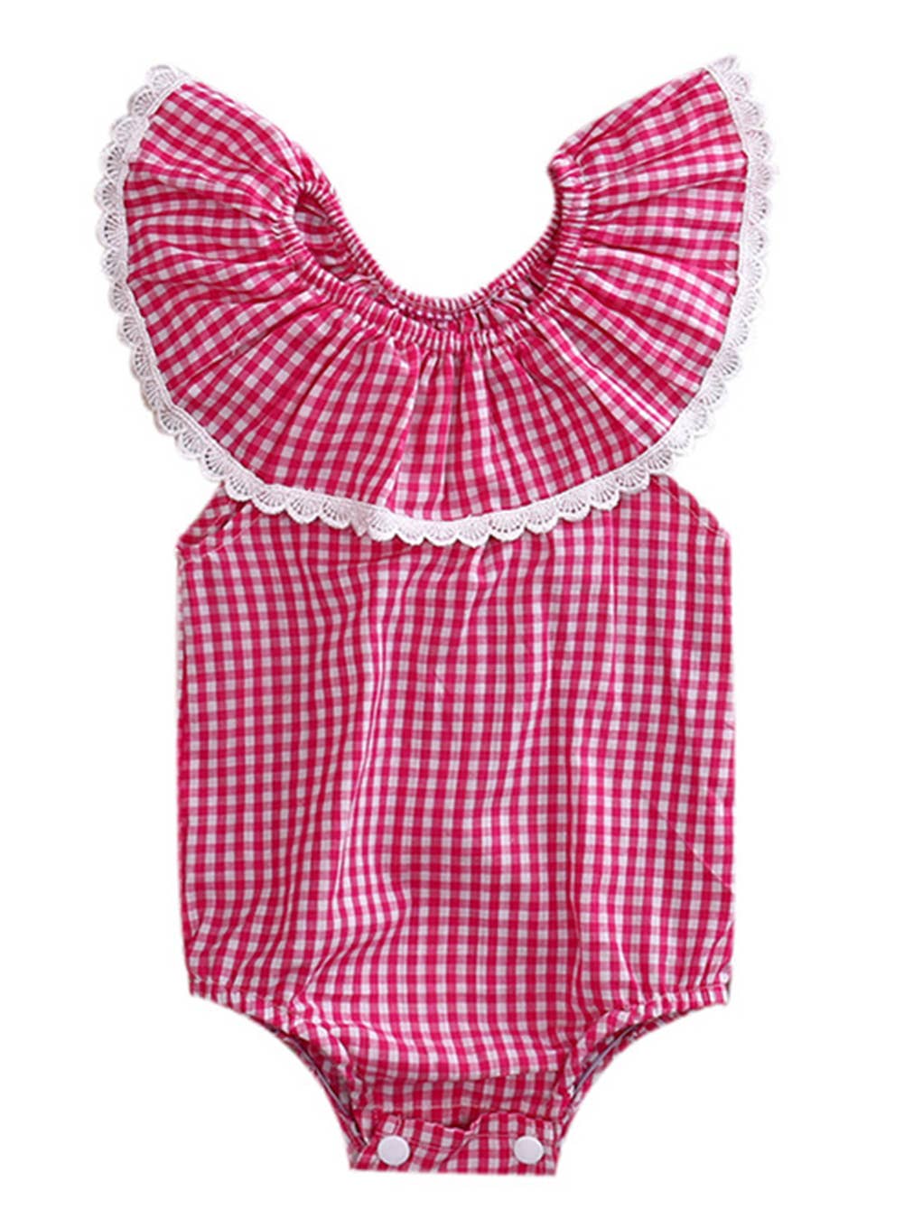 Pink-White Plaid Lace Lotus Colar Off Shoulder Baby Romper