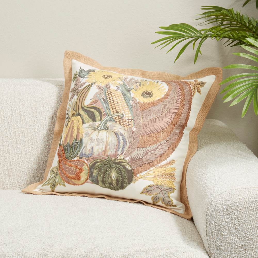 7442 - Embroidered Cornucopia Cotton 20" Throw Pillow