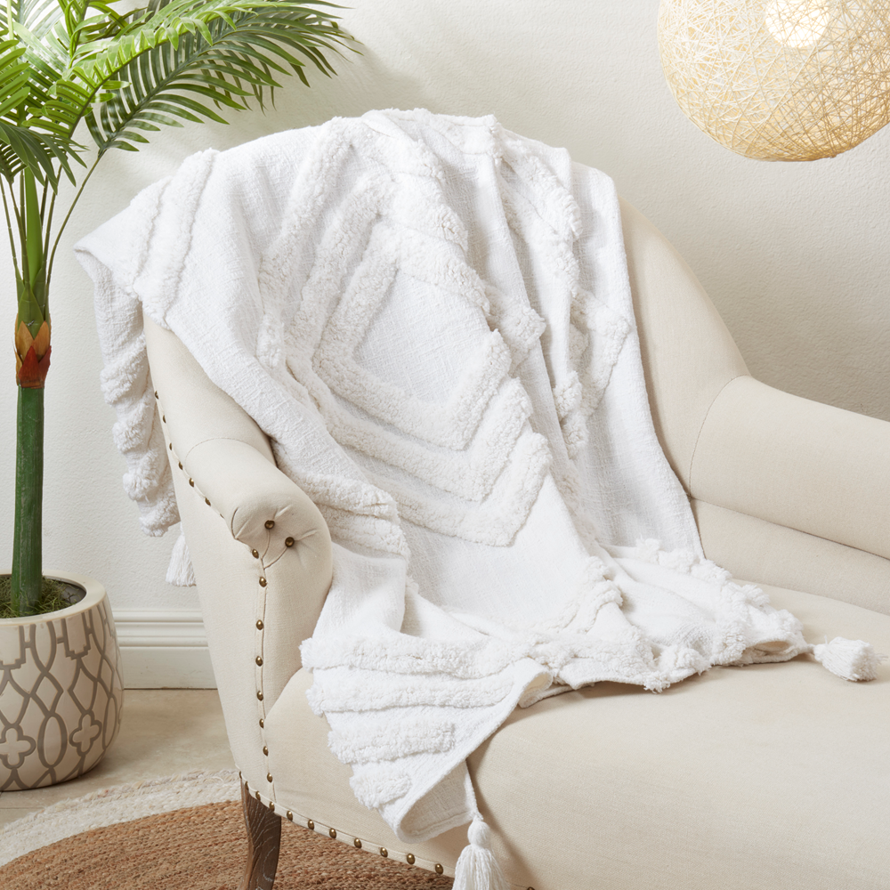 TH314 - White Tufted Diamond Cotton 50x60 Inch Throw Blanket