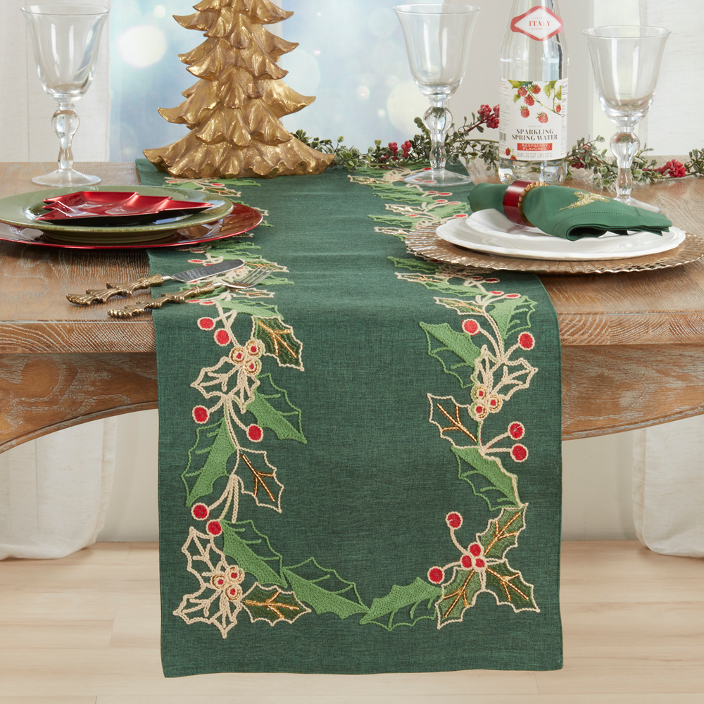 3050 - Green Embroidered Holly Table Runner - 16"X72"