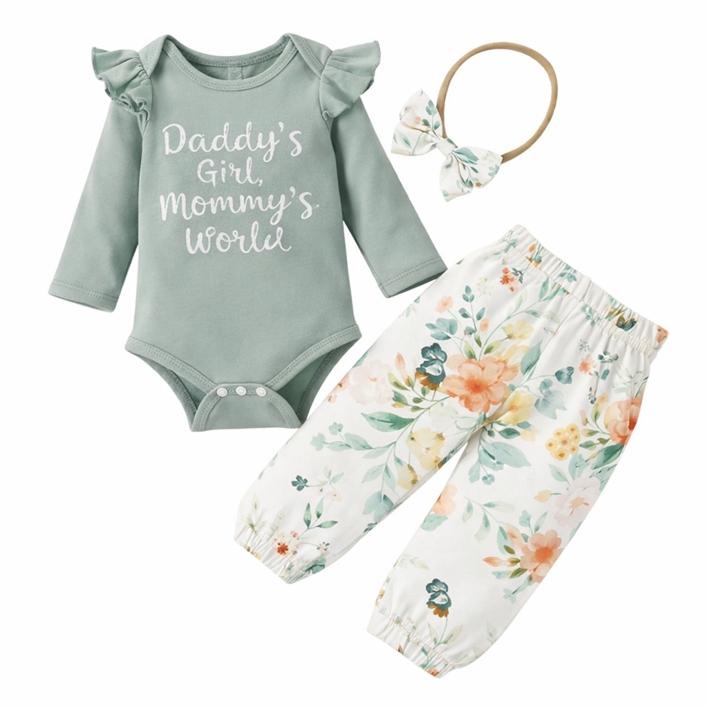 Green Sweet Floral 3-Piece Baby Girl Outfit