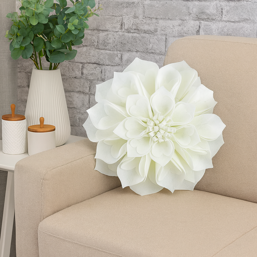 Ivory 3D Heart-Shaped Petal Flower Throw Pillow