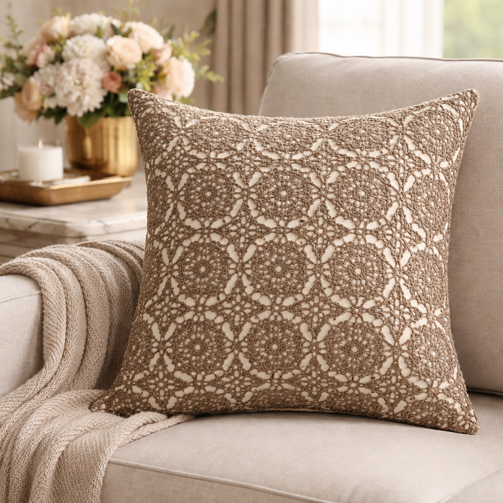 Brown Medallion Embroidery Lace 18" Throw Pillow