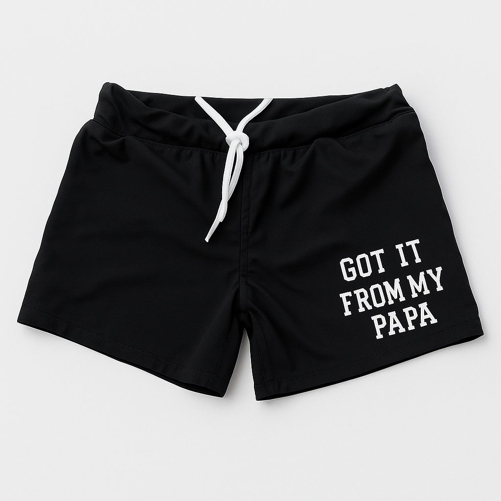 Black "GOT IT FROM MY PAPA" Boy Swim Trunks