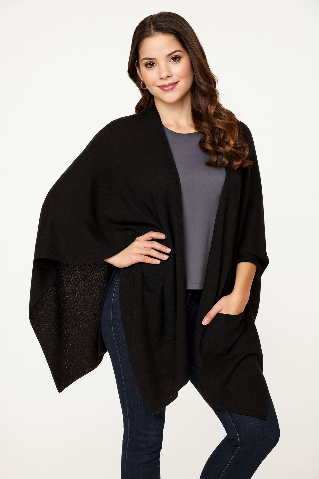 Black Knit Poncho Wrap Cape with Pockets