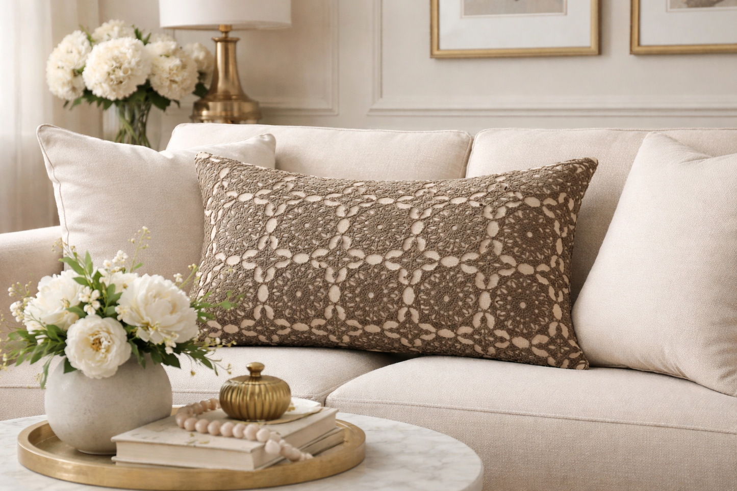 Brown Medallion Embroidery Lace 12"x20" Throw Pillow