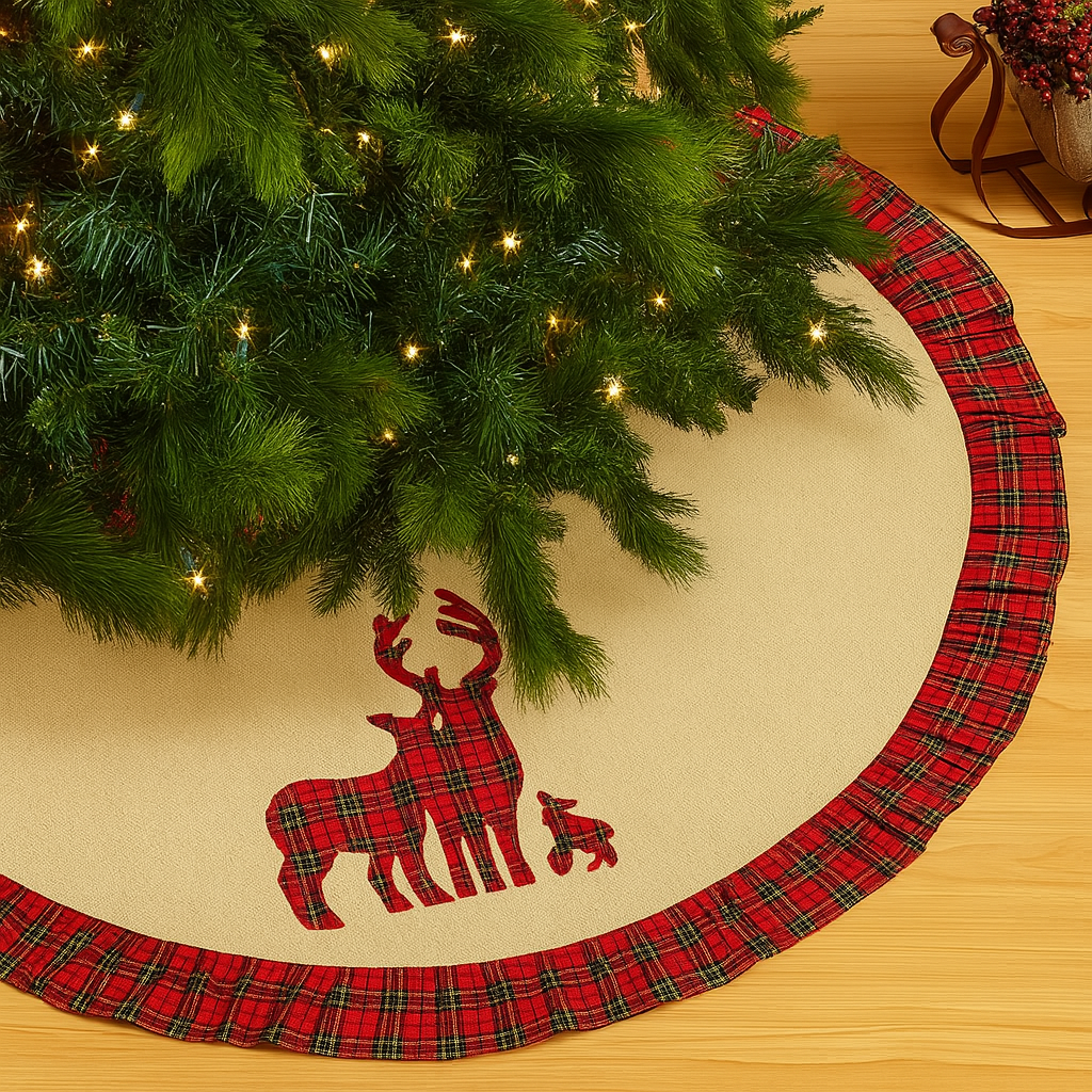 Reindeer Tartan Plaid Ruffle 53" Round Christmas Tree Skirt