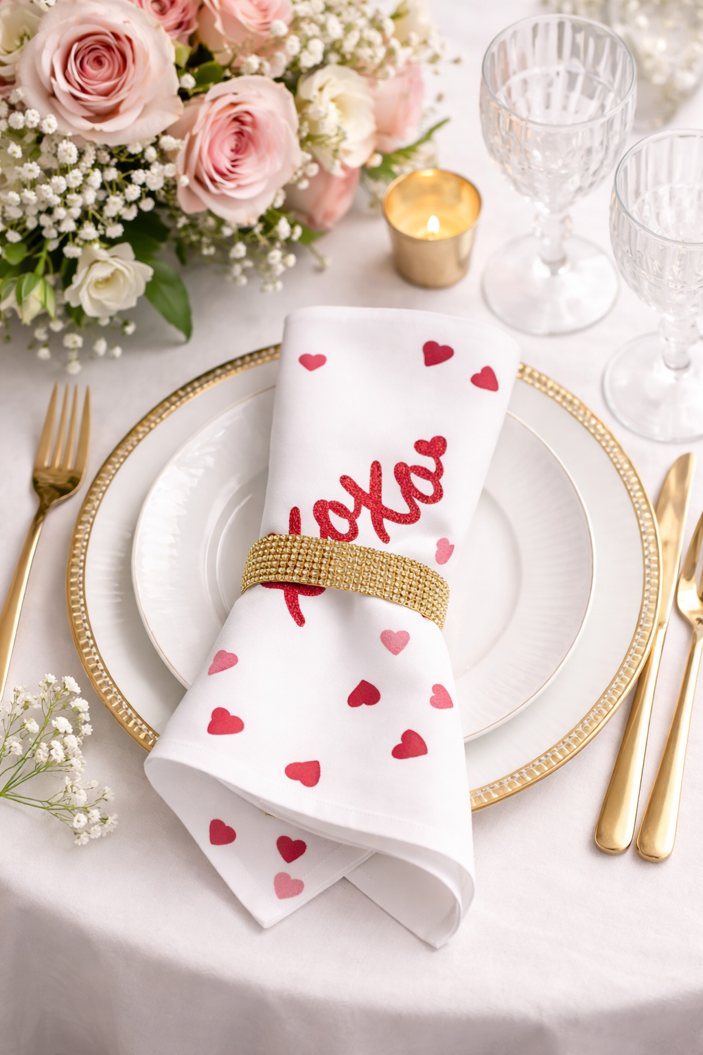 1196 - Red Embroidered XOXO White 20" Dinner Napkin
