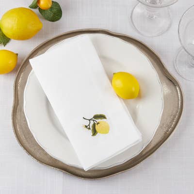 Embroidered Lemon White 20" Cloth Napkin set of 4