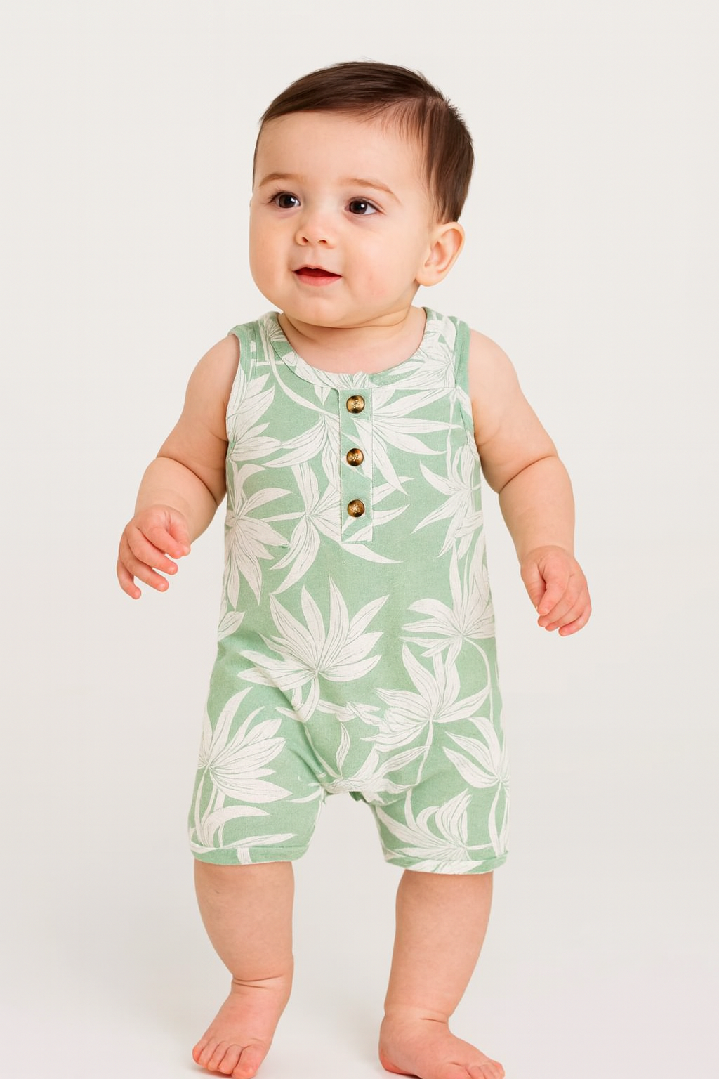 White Leaf Print Green Sleeveless Baby Romper
