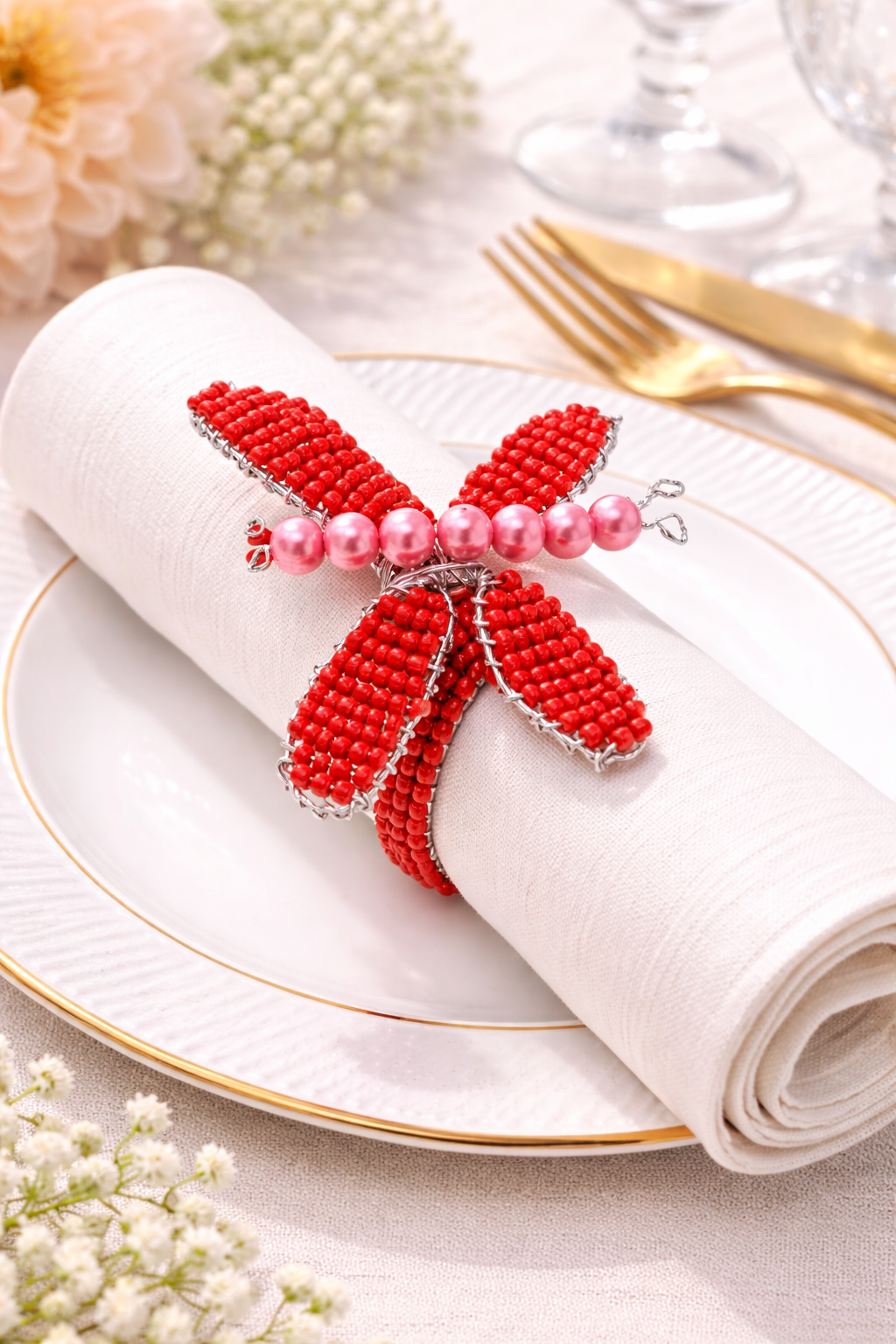 Red Hand Beaded Butterfly Napkin Holder